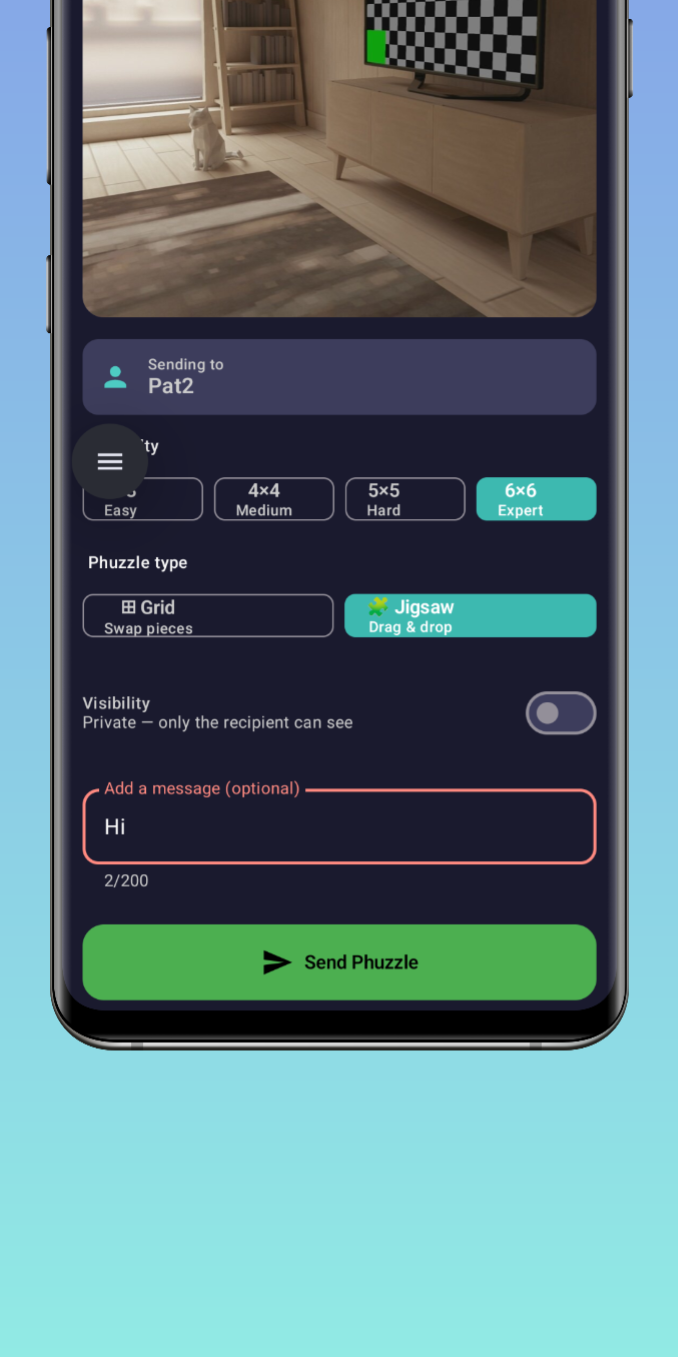 Phuzzles send puzzle screen
